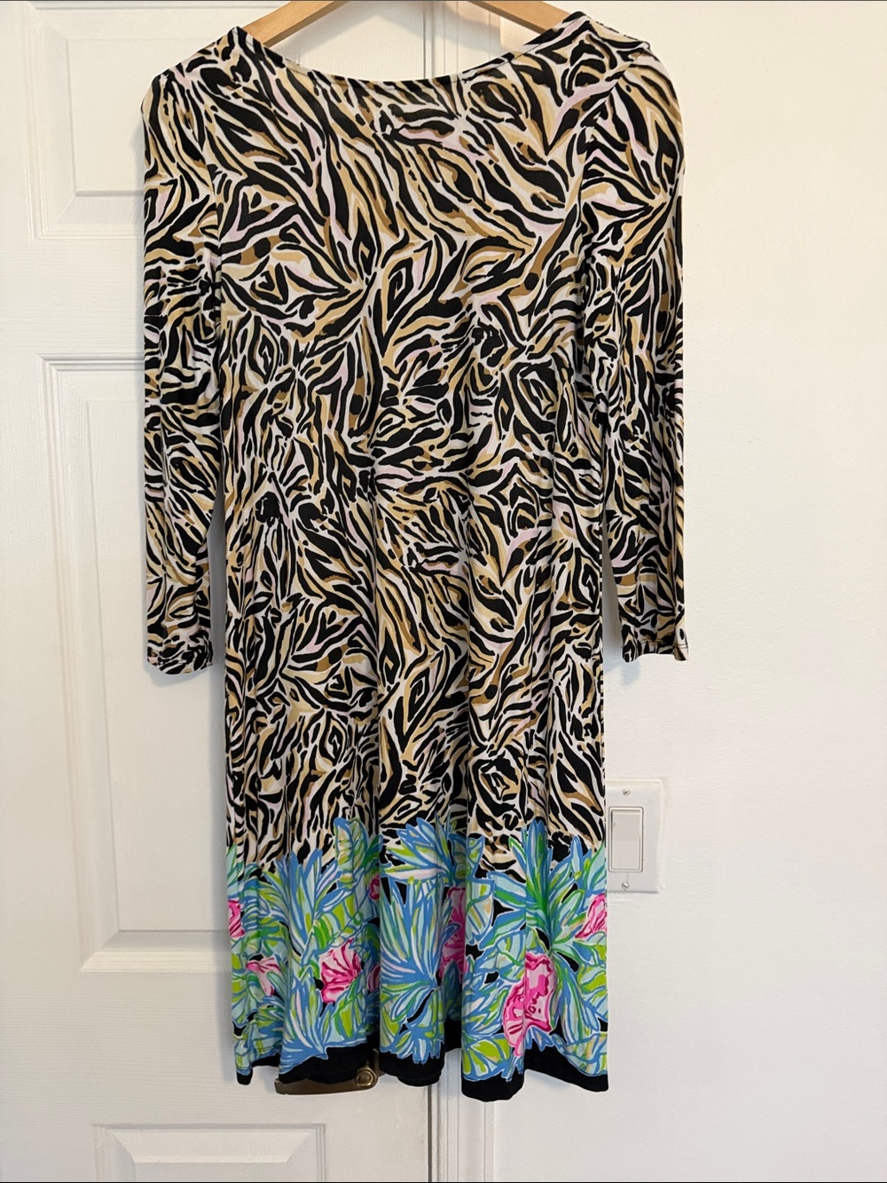Lilly Pulitzer Beige & Black Animal Print Dress with Colorful Floral Hem